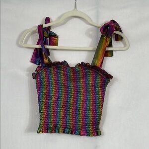 TCEC Boutique Top Rainbow Holographic Metallic Size L Smocked EUC Worn Once